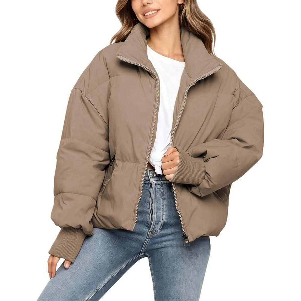Women's Puffer Jacket Oversized Cropped Puffy Quilted Winter Jackets Coat Khaki